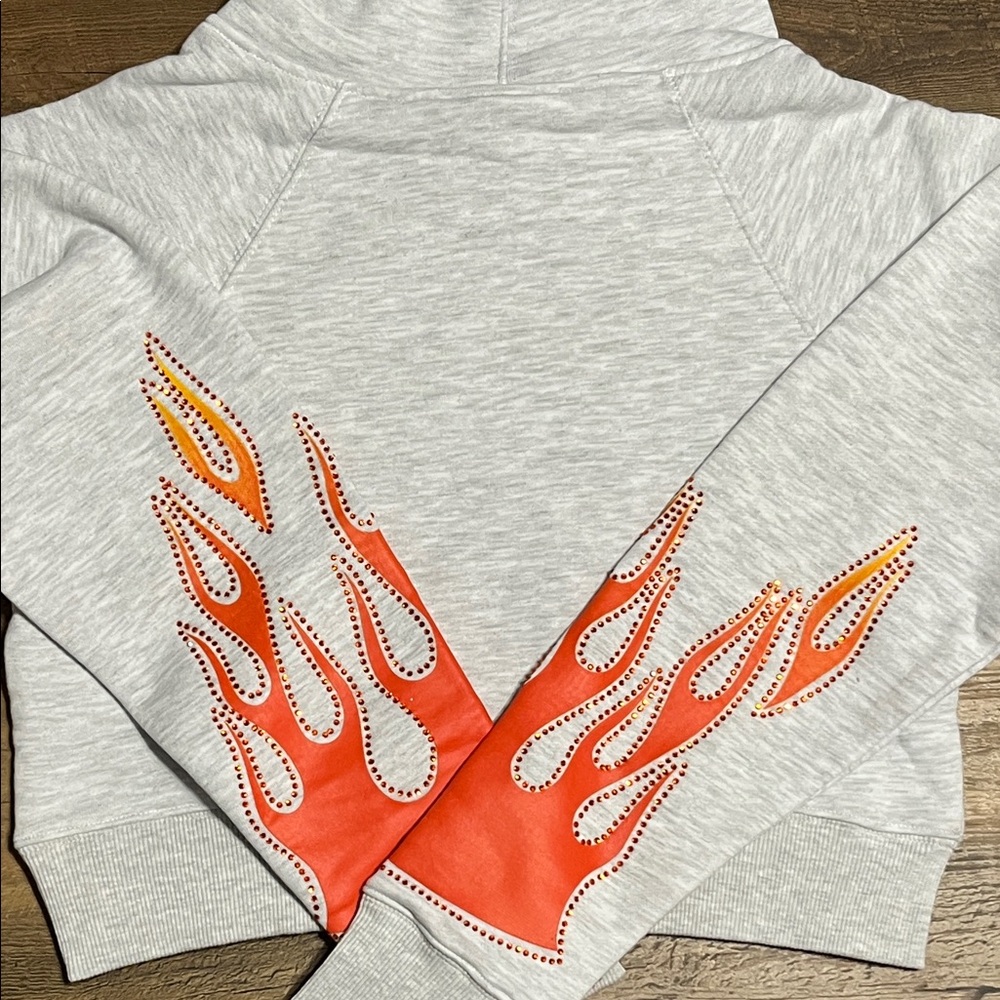 Full Send Women's Gray and Orange Flame Sequin Cropped Hoodie - Picture 5 of 5